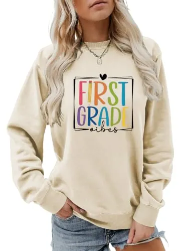 First Grade Vibes Colorful Graphic Crewneck Pullover