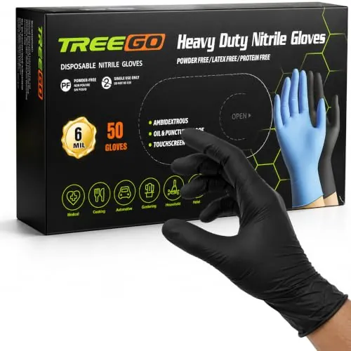 TREEGO Black Nitrile Disposable Gloves, Large, 6 Mil, 50 Count