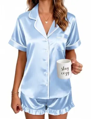 Ekouaer Women's Satin Ruffle Button-Up Short Pajama Set