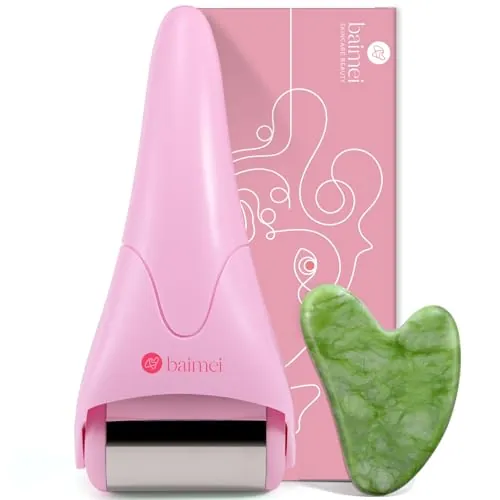 BAIMEI IcyMe Stainless Steel Ice Roller & Jade Gua Sha Facial Skincare Tool Set (Rose Pink)