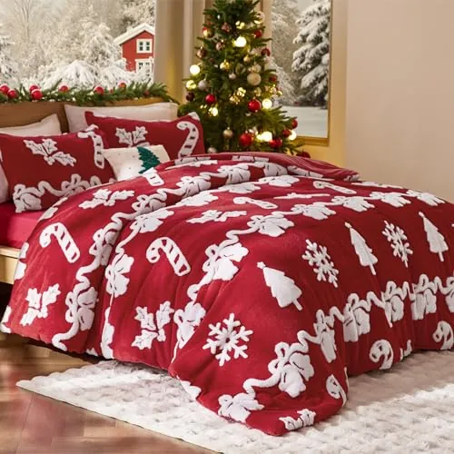 Bedsure King Christmas Comforter Set w/ 2 Pillowcases (Red Candy Cane)