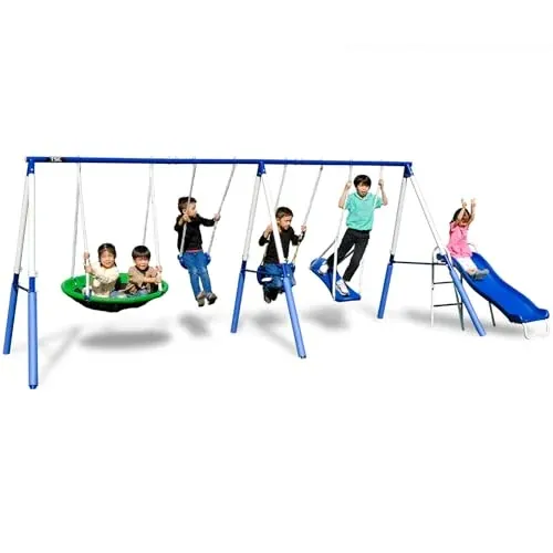 TSC Malibu Swing Set with 5ft Slide, 38" Saucer, Surfboard Swing, Standing & Blow-Molded Swing