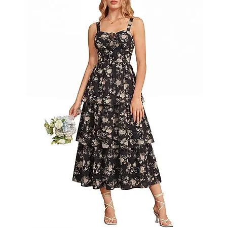 Scarlet Darkness Women's Floral Corset Maxi Dress w/ Tiered Hem (Various)
