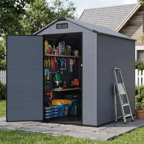 MNLR 4x6 FT Resin Outdoor Storage Shed with Floor & Dual-Look Plastic Panel