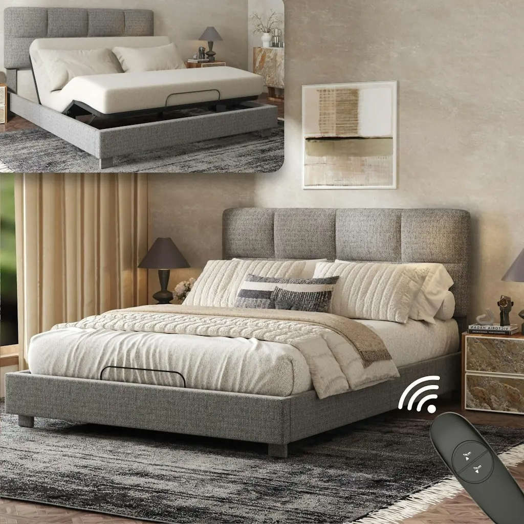 Flexispot Adjustable Queen Bed Base w/ Upholstered Frame & Headboard