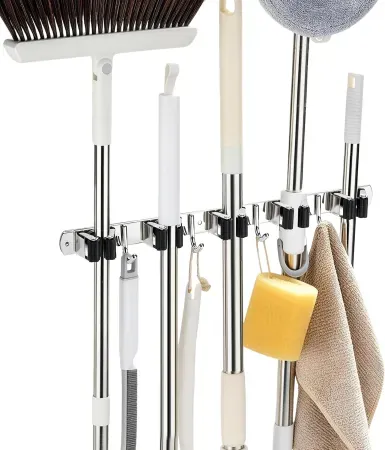 Fenas Broom & Mop Holder Wall Mount Organizer w/ 5 Racks & 4 Hooks