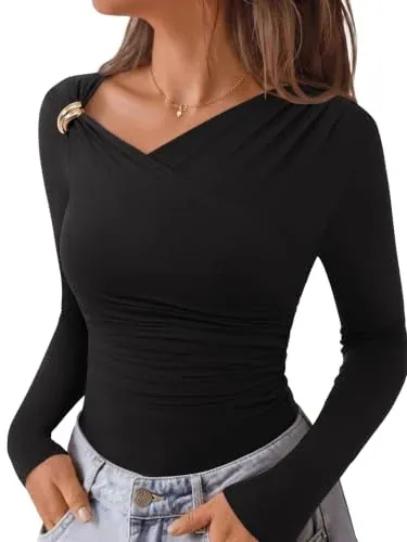 REORIA Long Sleeve Asymmetrical Ruched Wrap Top