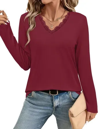 JUSTFASHIONNOW Women's Lightweight Lace V Neck Long Sleeve Shirt
