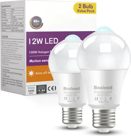 2-Pack Boxlood 12W A19 E26 5000K Motion Sensor Light Bulbs