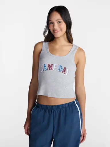 No Boundaries Ribbed Graphic Game-Day Tank Top, Women's XXS-4X, Heather Grey