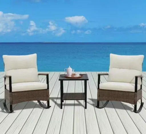 Coos Bay 3-Piece Wicker Patio Rocking Chair Set w/ Side Table (Beige)
