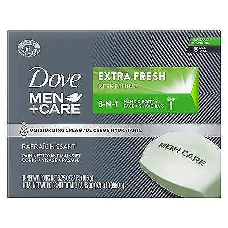 Select Accounts: 8-Pk 3.75-Oz DOVE MEN + CARE 3 in 1 Bar Cleanser (Extra Fresh)