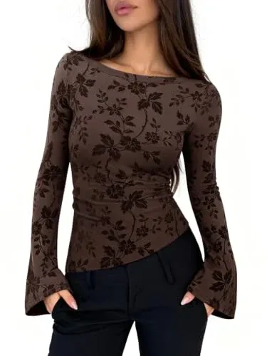 PINKMSTYLE Floral Mesh Long Sleeve Top