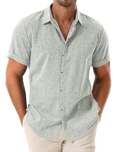 Men's Linen Short Sleeve Button Down Casual Beach Shirts