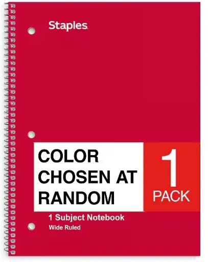 STAPLES 1-Subject Notebook, 8” x 10.5”, Wide Ruled, 70 Sheets