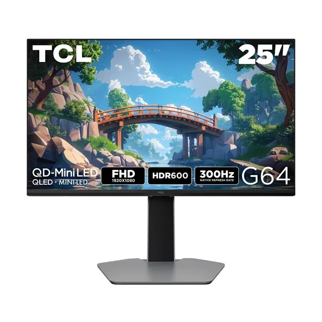 TCL 25” G64 Series FHD HDR QD-Mini LED Gaming Monitor, 300Hz Refresh Rate, LD180 Precise Dimming Series, HDR600 Brightness, 1ms, AMD FreeSync - 25G64: