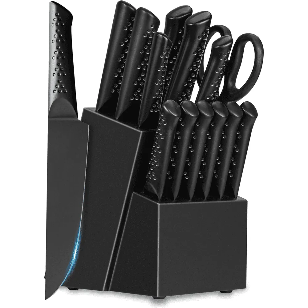 Nulas 14-Piece Stainless Steel Kitchen Knife Set with Block and Sharpener