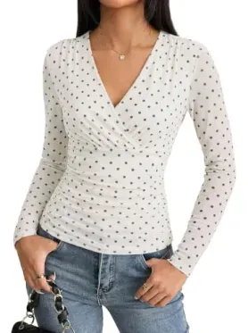GRACE KARIN Women's Wrap Mesh Tops Long Sleeve Dressy Blouse