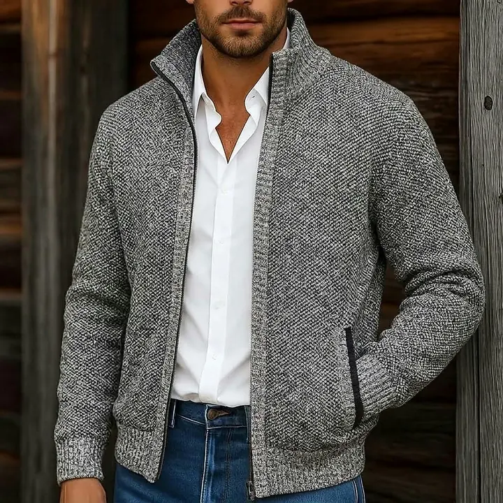 Mens' Fleece Ribbed Knit Zip-Up Sweater Cardigan for 2