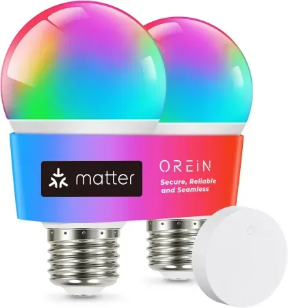 2-Pack OREiN Matter Smart A19 RGBTW Color Changing LED Light Bulbs w/ Remote