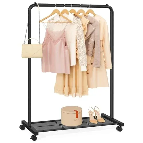 SONGMICS Clothes Rack with Wheels, Metal Garment Rack, Mesh Storage Shelf