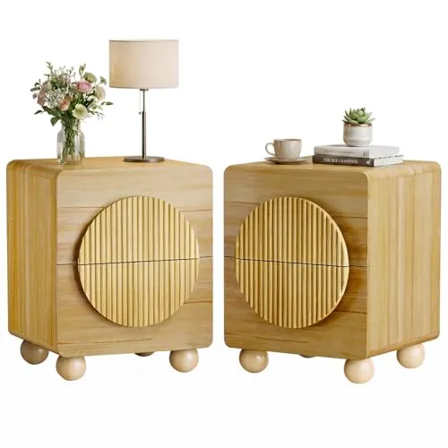 Set of 2 Fluted 23-inch Nightstands with Solid Wood Legs and Modern Round Moon Handles