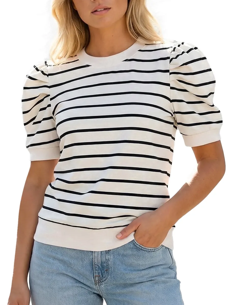 Gingprous Puff Sleeve Striped Knit Top