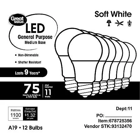12-Pk Great Value LED 75W 1050-Lumens A19 Light Bulbs