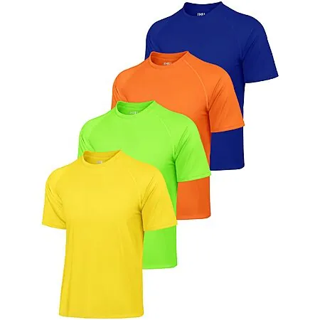 4-Pk IHU Mens Short Sleeve UPF 50+ Neon Rash Guard Swim Shirts