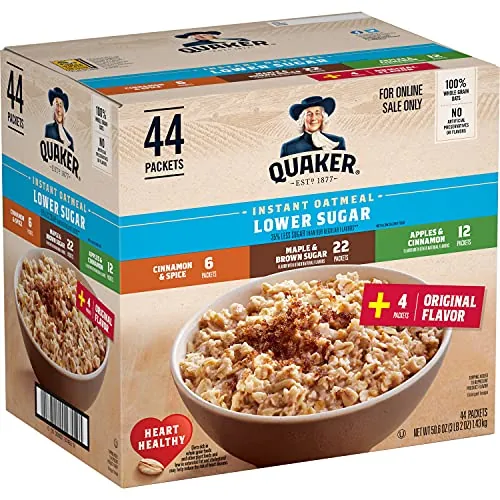 Quaker Lower Sugar Instant Oatmeal 44-Count (4-Flavor Variety Pack)