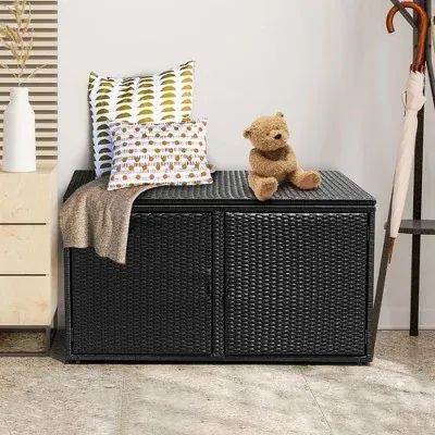 Costway 88 Gallon Garden Patio Rattan Storage Container Box Bin Shelf Black