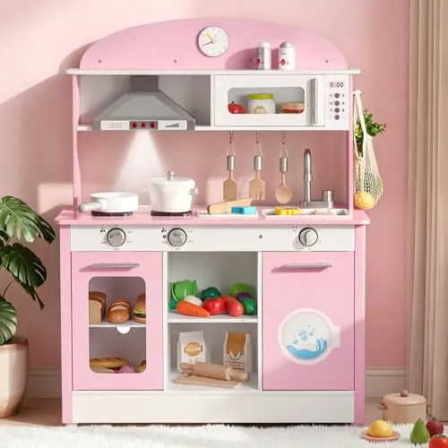 VEVOR Wooden Play Kitchen Toy with Lights, Sounds, Accessory (Pink, 29.53 x 13.39 x 38.49 inches)