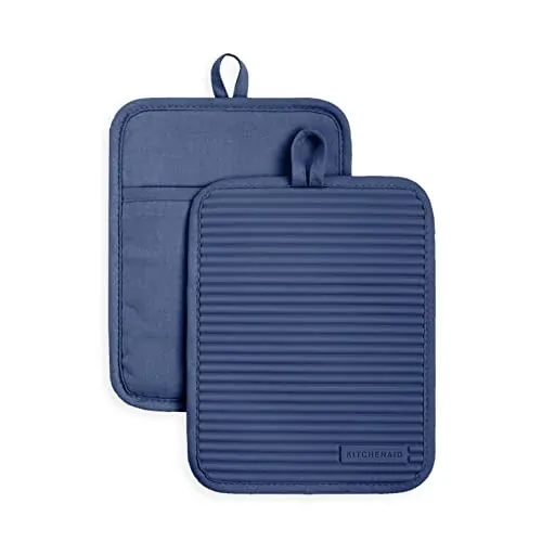 KitchenAid Ribbed Soft Silicone Pot Holder 2-Pack Set, Blue Willow, 7x9