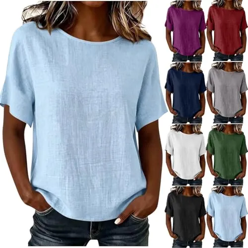 3/4 Sleeve Round Neck Linen Shirts