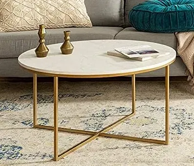 Walker Edison 36" Modern Glam Round Accent Faux Marble Coffee Table w/ X-Base