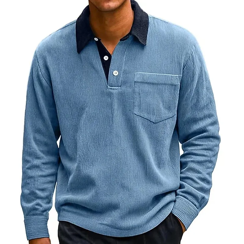 Men's Corduroy Colorblock Lapel Polo Shirt for 2