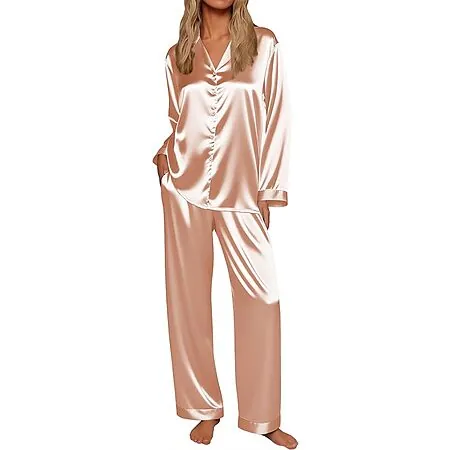2-Pc Ekouaer Women's Satin Button-Down Long Sleeve Pajama Set (Various)