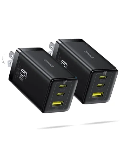 Baseus 3-Port Up to 65W USB-C Foldable Wall Charger Blocks 2-Pack