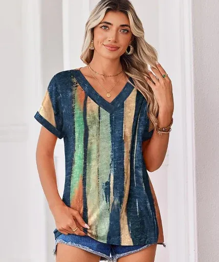 Zeagoo Rolled Short Sleeve V-Neck Blouse