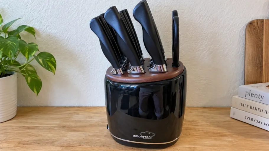 Amorston 14-Piece Kitchen Knife Set w/ Block & Sharpening Stone