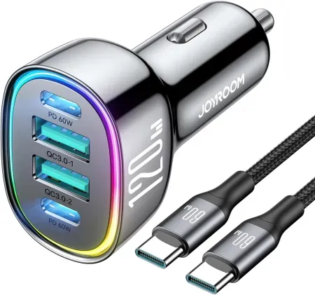 JOYROOM 3.3' 120W Dual USB-C PD & USB-A QC 3.0 Cigarette Lighter Car Charger