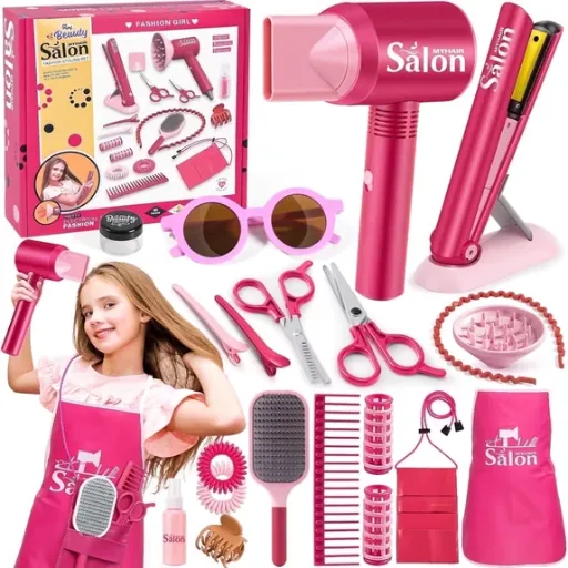 Adofi Girls Hair Salon Toys, 22-Piece Pretend Play Set with Blow Dryer and Straightener