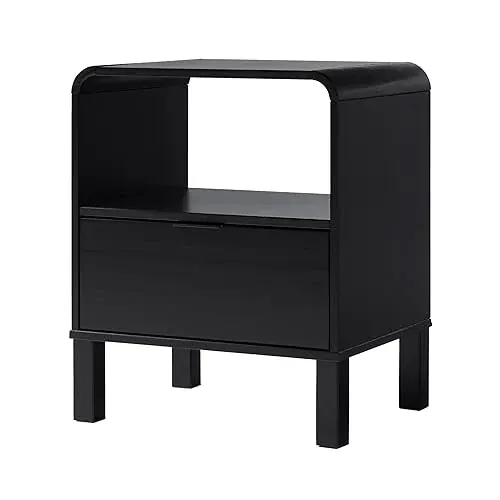 Walker Edison Modern Curved-Top Solid Wood 1-Drawer Nightstand with Open Cubby, 24 Inch, Black