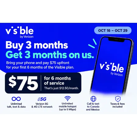 New Visible Wireless Users: 6 Months Unlimited Talk, Text & Data
