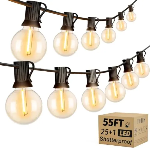 OHLUX Outdoor String Lights 55FT with 26 Dimmable Plastic G40 Bulbs