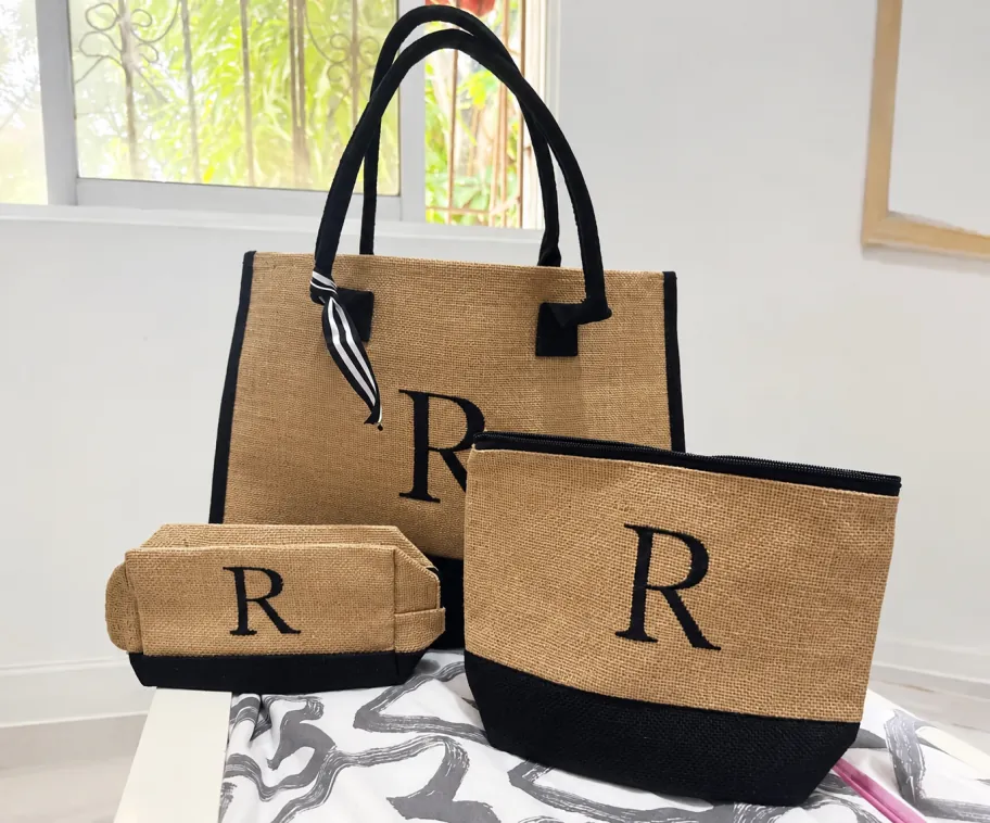 Initial Canvas Bag 3-Pack Set in Tan & Black Jute