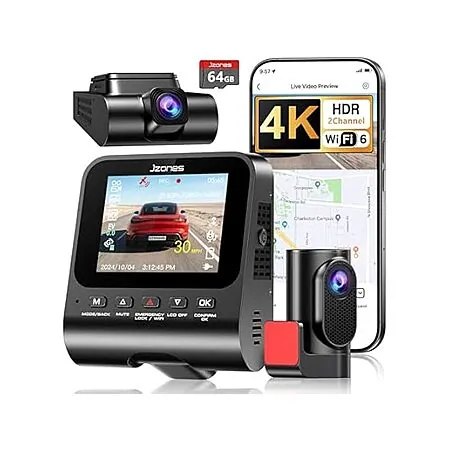 JZONES 4K Dash Cam Front & 1080p Rear w/ 170° Angle HDR Night Vision & 64GB Card