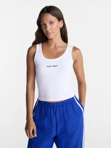 No Boundaries Ribbed Graphic Game-Day Tank Top, Vivid White Women's XXS-M
