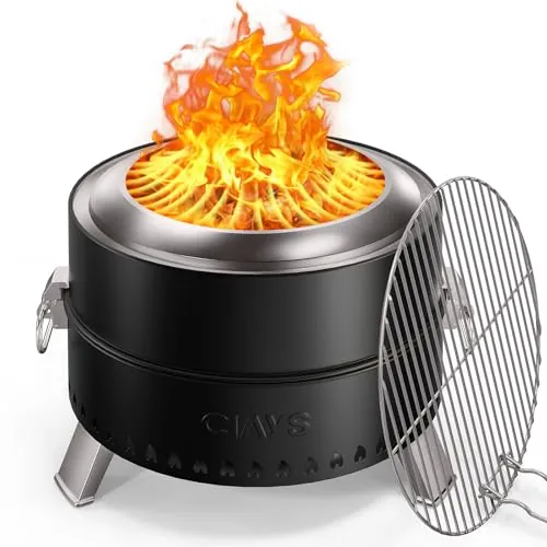 Ciays 19 Inch Smokeless Firepit w/ Steel Grill Rack, Fire Poker, and Bag