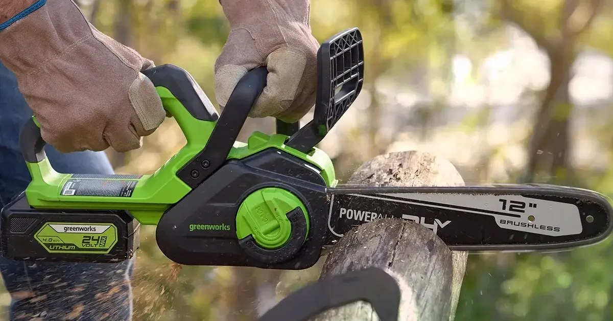 Greenworks 24V 12-inch Cordless Electric Chainsaw with a 4.0Ah battery